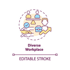 Diverse workplace concept icon. Team diversity. Equal employment opportunity abstract idea thin line illustration. Isolated outline drawing. Editable stroke. Arial, Myriad Pro-Bold fonts used