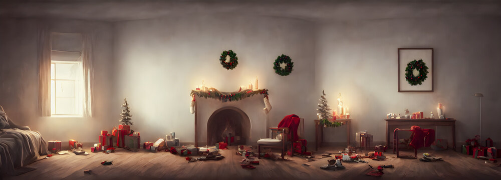 fairy tale christmas interior. magic glowing tree, fireplace and gifts. 3d