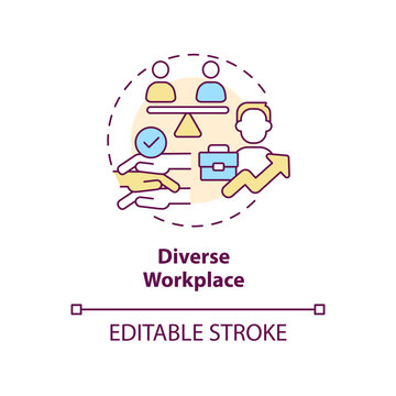 Diverse Workplace Concept Icon. Team Diversity. Equal Employment Opportunity Abstract Idea Thin Line Illustration. Isolated Outline Drawing. Editable Stroke. Arial, Myriad Pro-Bold Fonts Used