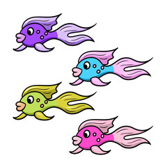 Set of colored icons, colorful tropical and aquarium fish with big lips, vector cartoon