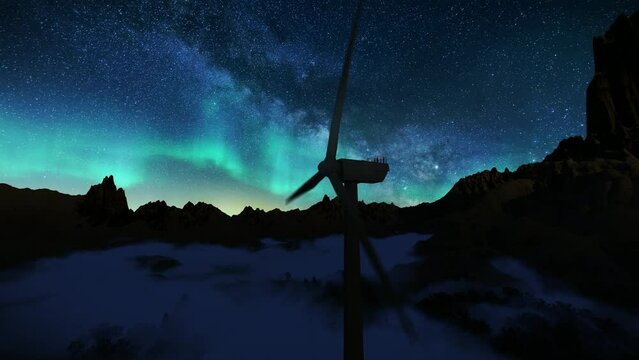 Aurora borealis over mountain peaks, flight towards maintenance workers on top of a wind turbine, 4K