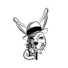 A bad bunny, hand-drawn in doodle style. Hare gangster. Hare's head with a hat. Mafia. Gun. Gun muzzle. Stylization of the animal to human emotion. Symbol of the year. Vector illustration.