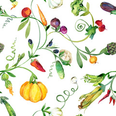 watercolor vegetables. Organic fresh food seamless pattern. vegetable background. Traditional botanical illustrations.