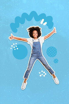 Collage photo of young funny schoolgirl kid jump air trampoline good mood doodle carefree isolated on blue color background