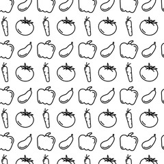 Seamless pattern with vegetables. Black and white linear vegetables. Flat vector vegetables.