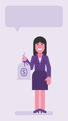 Business woman holding bag with money and smiles