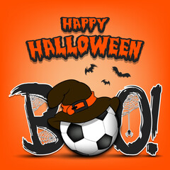 Happy Halloween. Banner Boo and Soccer ball with witch hat. Design pattern for banner, poster, greeting card, flyer, party invitation. Vector illustration on an isolated background