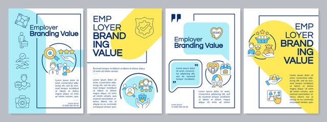 Company value blue and yellow brochure template. HR system. Leaflet design with linear icons. Editable 4 vector layouts for presentation, annual reports. Questrial, Lato-Regular fonts used