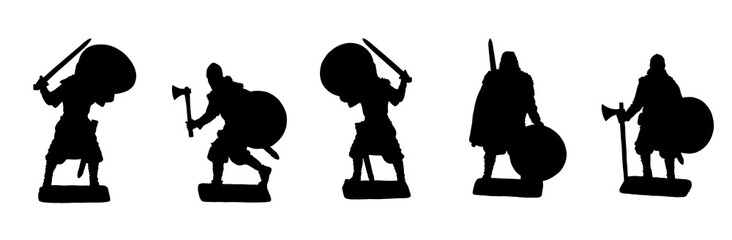 Vikings. Medieval knights in different poses. Silhouette illustration.