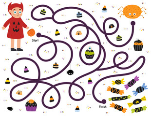 Trick or treat maze game for kids. Help a cute boy in devil costume find path to the sweets. Halloween puzzle for children. Labyrinth for school and preschool. Vector illustration