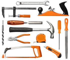 Mechanic DIY hand tools kit black and orange, isolated