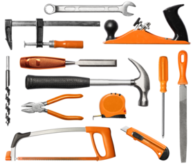 Mechanic DIY hand tools kit black and orange, isolated
