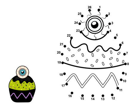 Dot To Dot Game For Kids. Connect The Dots And Draw A Spooky Cupcake With Eyeball. Halloween Puzzle Activity Page For Children. Vector Illustration