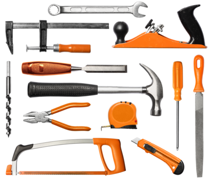 Mechanic DIY hand tools kit black and orange, isolated