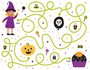 Help the cute witch find path to the cupcake. Halloween maze game for kids with cute characters. Labyrinth puzzle for school and preschool. Vector illustration