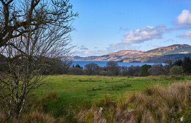 Mid morning and a view west towards Loch Fyne from above Strachur. Argyll and Bute