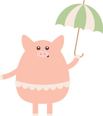 Funny Pig with Umbrella Isolated Illustration on Transparent Background 