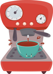 Coffee Machine with Kawaii Coffee Cup. Smiling Face. Isolated Illustration on Transparent Background 
