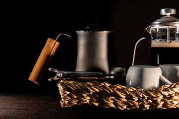 Coffee brewing set with cups and French press coffee maker