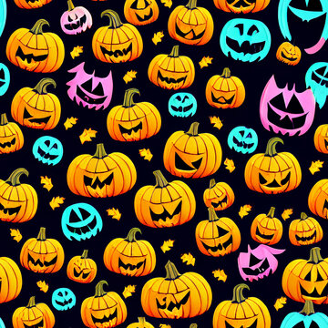 halloween pumpkins and autumn leaves pattern, holiday illustration, textures, wallpapers,