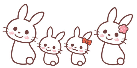 Obraz na płótnie Canvas ウサギの家族のイラスト（ふりむき）茶色ライン