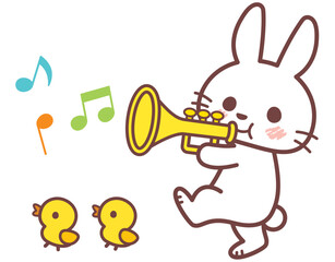 ラッパをふくウサギ＿茶色ライン