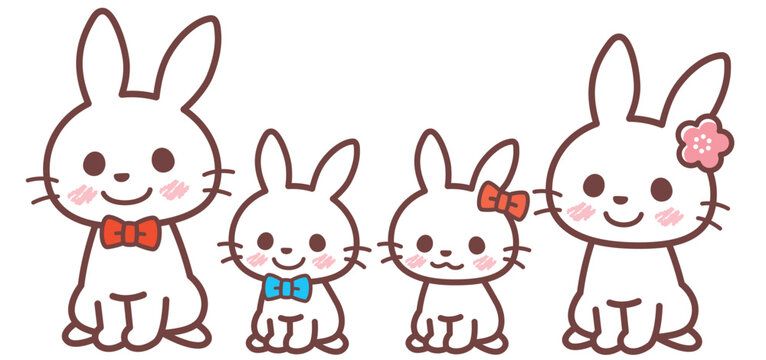 ウサギの家族のイラスト（正面）茶色ライン