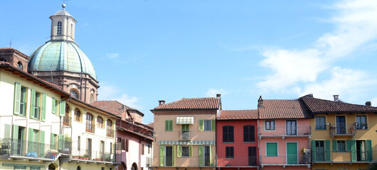 The historic center of medieval origin of Gassino Torinese with the colorful houses of Piazza...