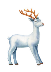 Watercolor white deer isolated on white background, winter element for design.