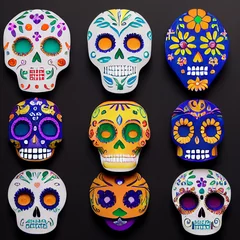 Fototapete Schädel 3D-Rendermuster Hintergrundschädel und Blumen in hellem dekorativem Muster am traditionellen mexikanischen Tag der Toten.