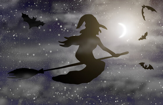 Witch in night sky