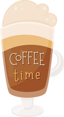 Coffee Sticker – Latte Cup with Text Coffee Time. Isolated Illustration on Transparent Background 