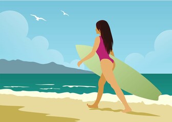 Surfing girl on the beach