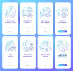 Financial planning for inflation blue gradient onboarding mobile app screen set. Walkthrough 4 steps graphic instruction with linear concepts. UI, UX, GUI template. Myriad Pro-Bold, Regular fonts used
