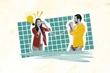 Photo sketch graphics artwork picture of happy smiling lady guy having fun talking toy phone...