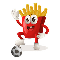 Cute french fries mascot play football, soccer ball