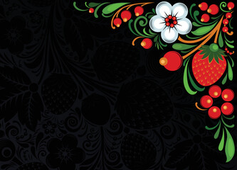 Decorative background with a bright ornamented corner with summer motifs, flowers and berries in the style of Russian Khokhloma painting. Vector illustration
