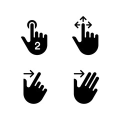 Drag and swipe gestures black glyph icons set on white space. Smartphone options. Touchscreen interaction. Digital device. Silhouette symbols. Solid pictogram pack. Vector isolated illustration