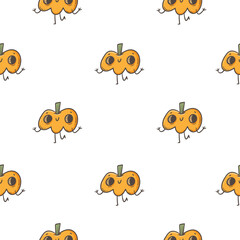 Fototapeta premium Seamless pattern with cute pumpkins on white background. Halloween doodle wallpaper. Autumn cartoon print.