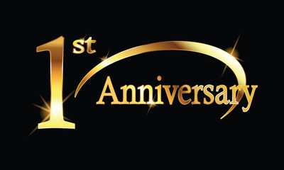 1st Anniversary celebration. Gold Luxury Banner of 1st Anniversary celebration. First celebration card. Vector anniversary