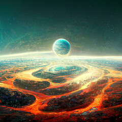Sci-Fi Cosmic Landscape with Hot planet and its satellite