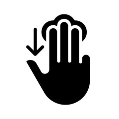 Three finger touch downwards black glyph icon. Swipe down. Electronic device control. Touchscreen navigation. Silhouette symbol on white space. Solid pictogram. Vector isolated illustration