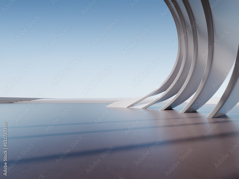 Poster 3d render of abstract futuristic architecture with concrete floor. Car presentation.