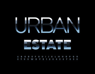Obraz premium Vector modern banner Urban Estate. Reflective chrome Font. Steel Alphabet Letters and Numbers set