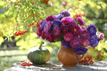 A bouquet of colorful asters on the table in the autumn sunny garden.