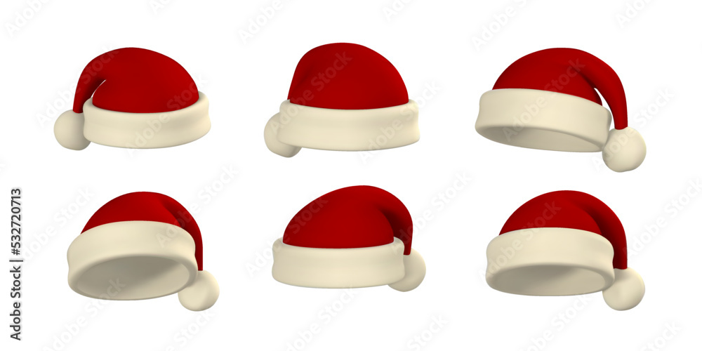 Wall mural Realistic set of red Santa Claus hat. Gradient mesh Santa Claus cap with fur. Vector illustration