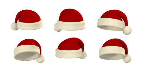 Realistic set of red Santa Claus hat. Gradient mesh Santa Claus cap with fur. Vector illustration