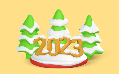 2023 Happy New Year. Number 2023, round scene and 3d Christmas tree in cartoon style. Vector illustration