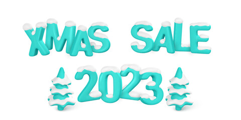 Xmas sale banner design. 2023 3D red numbers and letters. Christmas poster. Vector illustration