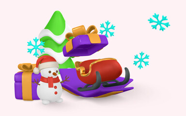 Merry Christmas and Happy New Year background. Realistic 3d open gift box, sleigh, snowman, tree and snowflake. Vector illustration